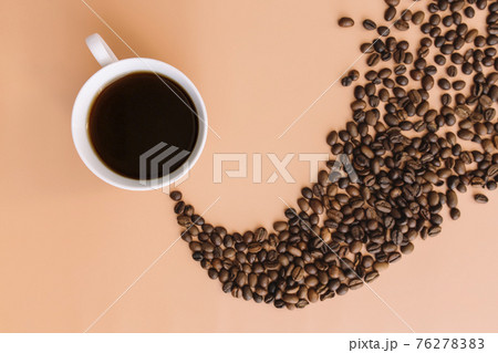 Beige flat lay, cup of coffee, roasted coffee beans steam shape from hot coffee 76278383