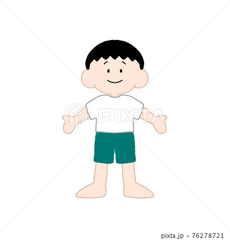 半袖半ズボン裸足の黒髪の男の子のイラスト素材