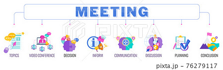 Meeting banner with color icons. Teamwork, working, meeting and management. Meeting banner with color icons. Teamwork, working, meeting and management. 76279117