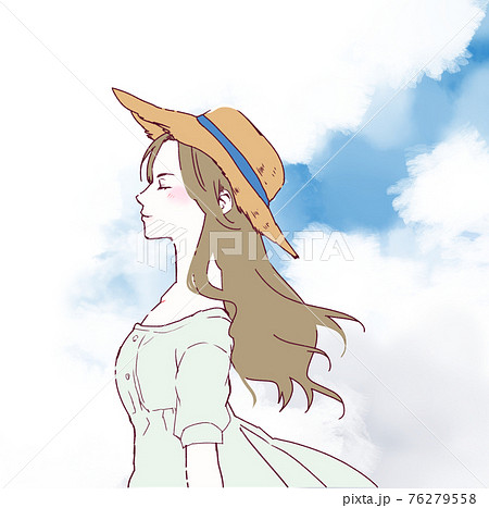 イラスト素材 青空の下に立つ麦わら帽子をかぶった奇麗な横顔の大人の女性 のイラスト素材