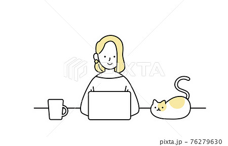 自宅のリビングで猫とリモートワークする女性のイラスト 76279630