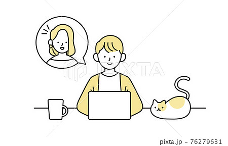 自宅のリビングでリモートワークとテレビ会議をする男性のイラストのイラスト素材