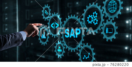 SAP System Software Automation concept. Businessman presses virtual button SAP SAP System Software Automation concept. Businessman presses virtual button SAP 76280220