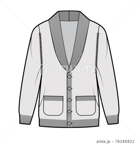 Cardigan Shawl collar Sweater technical fashion illustration with long sleeves, oversized, knit rib trim, button closure 76280832