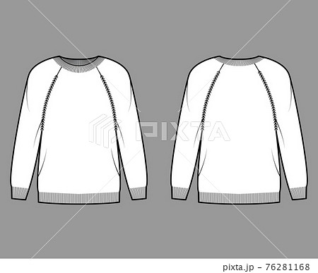 Sweater technical fashion illustration with rib crew neck, long raglan sleeves, oversized, thigh length, knit cuff trim 76281168