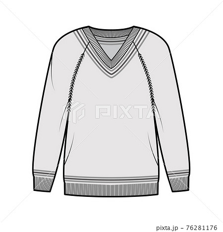 Cricket Sweater technical fashion illustration with stripes, rib V-neck, long raglan sleeves, hip length, knit cuff trim Cricket Sweater technical fashion illustration with stripes, rib V-neck, long raglan sleeves, hip length, knit cuff trim 76281176