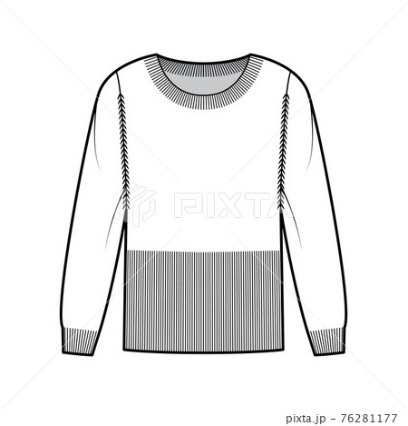 Waisted Sweater technical fashion illustration with rib round neck, long sleeves, fitted body, hip length, knit trim Waisted Sweater technical fashion illustration with rib round neck, long sleeves, fitted body, hip length, knit trim 76281177