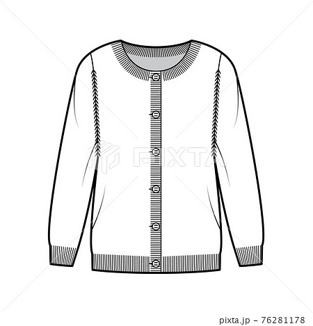Round neck cardigan technical fashion illustration with button closure, long sleeves, oversized, hip length, knit trim 76281178
