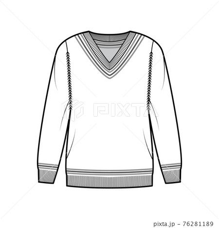 Cricket Sweater technical fashion illustration with stripes, rib V-neck, long sleeves, oversized, hip length, knit trim 76281189