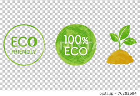エコロジーのマークと葉っぱのセット 色鉛筆テクスチャのイラスト素材