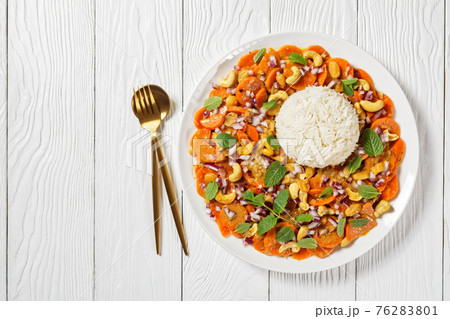 carrot curry with basmati rice, top view carrot curry with basmati rice, top view 76283801