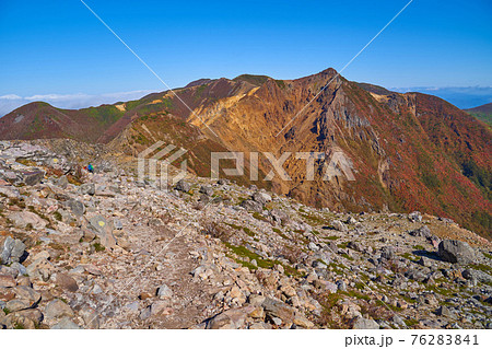 栃木の茶臼岳(那須岳)の北東側から北側(朝日岳,剣が峰,熊見曽根,隠居倉など)の眺望 76283841