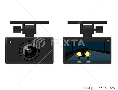 ドライブレコーダーのイラスト 前部ビデオカメラと録画画面液晶ディスプレイのイラストセット夜間のイラスト素材
