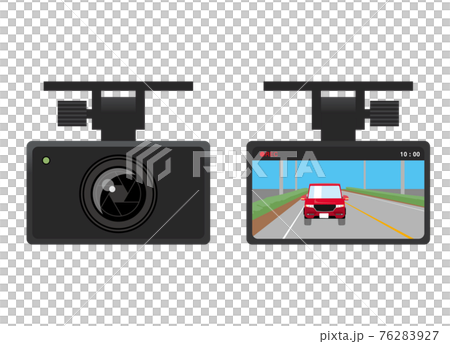 ドライブレコーダーのイラスト 前部ビデオカメラと録画画面液晶ディスプレイのイラストセット昼間のイラスト素材