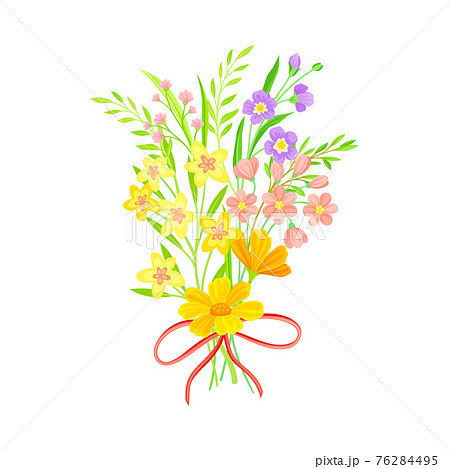 Blooming Flower Bunch Tied with Red Ribbon as Spring Vector Composition 76284495