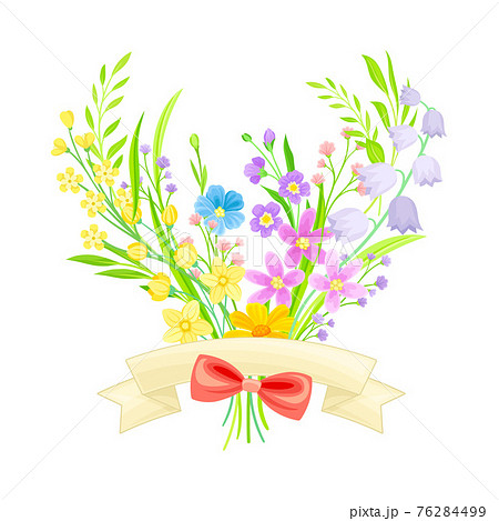 Blooming Flower Bunch with Ribbon and Bow as Spring Vector Composition 76284499