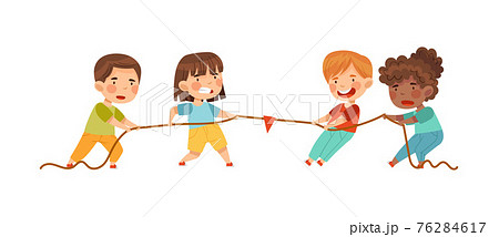 Little Boy and Girl Playing Tug of War or Rope Pulling Testing Strength Vector Illustration 76284617