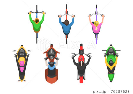 Motorcycle and bicycle driver wearing helmet top view set Motorcycle and bicycle driver wearing helmet top view set 76287623