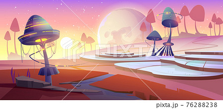 Fantasy landscape with glowing mushrooms at sunset Fantasy landscape with glowing mushrooms at sunset 76288238