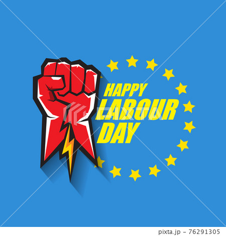1 may Happy labour day vector label with strong protest fist in the air on blue background. vector happy labor day background or banner with man hand. workers may day poster 1 may Happy labour day vector label with strong protest fist in the air on blue background. vector happy labor day background or banner with man hand. workers may day poster 76291305