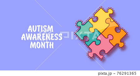 Autism awareness month horizontal banner with Multicolored puzzle isolated on violet background. Healthcare concept. 76291365
