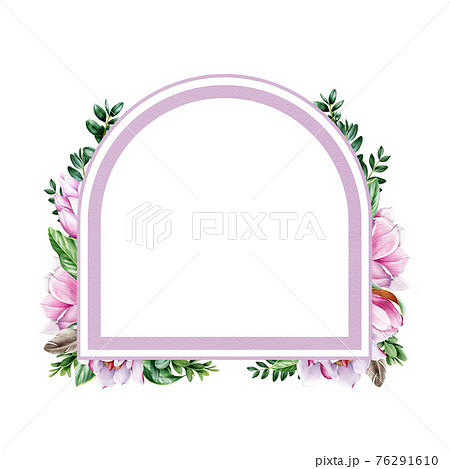 Magnolia flower frame. Tender pink magnolia flowers and buxus leaves. Watercolor illustration. Realistic minimal decoration. Elegant frame of spring blossoms and green leaf. On white background 76291610