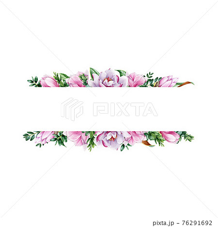 Magnolia flower border frame. Tender pink magnolia flowers and leaves. Watercolor illustration. Realistic minimal decoration. Elegant frame of spring blossoms and green leaf. On white background 76291692