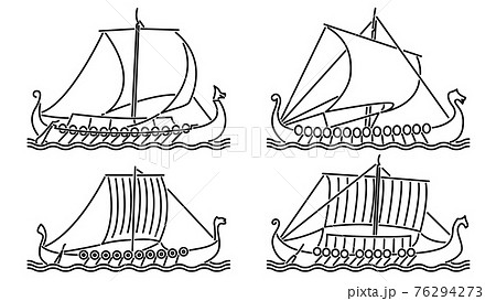 Set of simple vector images of medieval dragonboats warship drawn in art line style. 76294273