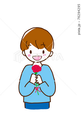 笑顔で一輪のカーネーションの花を手に持つ男の子のこどものかわいい線画イラストのイラスト素材