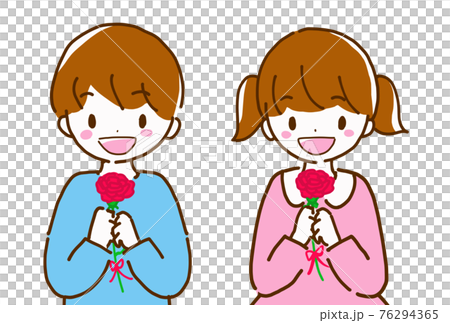 男孩和女孩手裡拿著微笑和康乃馨的可愛線條畫插圖 76294365