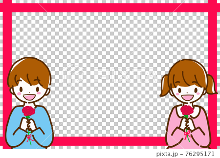 男の子と女の子が笑顔で花を持っているフレームイラスト ヨコ向き 男の子と女の子が笑顔で花を持っているフレームイラスト ヨコ向き 76295171