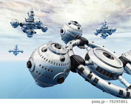 Huge spaceships over a sea in a distant world 76295861