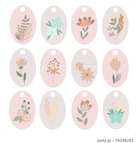 Paste-colored boho simple flowers gift tags labels set, flat style floral vector illustration for craft, handmade gifts, bohemian springtime decoration 76296262