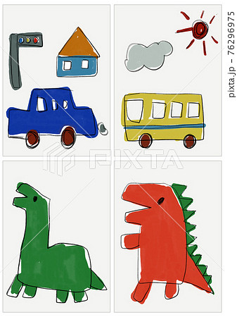 子供が鉛筆と水彩絵の具で描いたような、車やバス、恐竜のの手描きイラスト 76296975