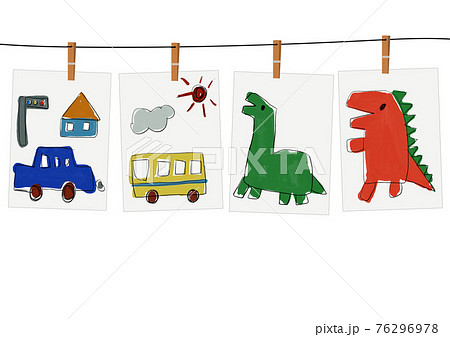 子供が鉛筆と水彩絵の具で描いたような 車やバス 恐竜のの手描きイラストのイラスト素材