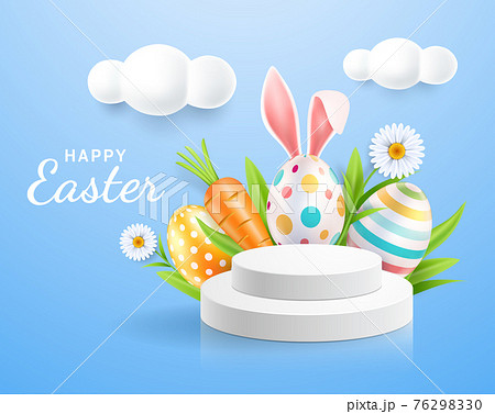 Happy easter day easter eggs colorful different and patterns texture and rabbit ears with display stand podium and daisies flower on blue color background. Vector illustrations. Happy easter day easter eggs colorful different and patterns texture and rabbit ears with display stand podium and daisies flower on blue color background. Vector illustrations. 76298330