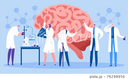Study brain in laboratory, vector illustration. Scientists researching human mind. Doctor diagnoses patient, experiment. 76298956