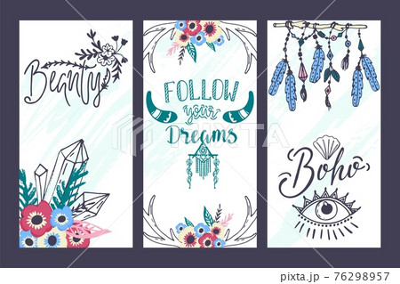Boho style flyer, vector illustration. Vintage postcard design, romantic pattern with elements flowers, feathers. Indian and hippie banner. 76298957