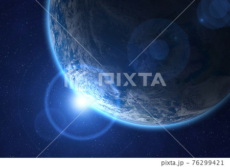 Blue planet Earth and rising sun. Blue planet Earth and rising sun. 76299421