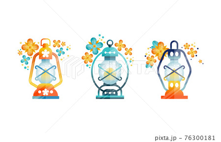 Lantern with Glowing Light Inside and Floral Elements Around Vector Set 76300181