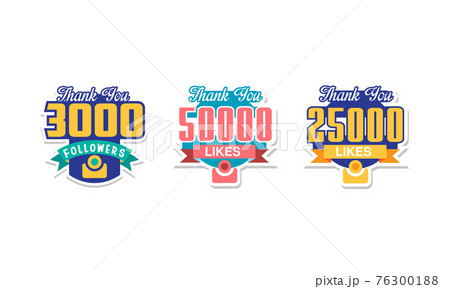 Likes and Followers Badges with Thank You Words as Celebration for Social Media Fans or Subscribers Vector Set 76300188