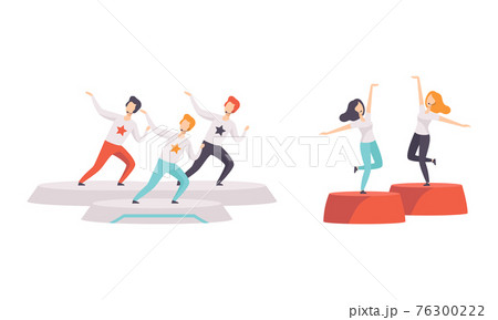 People Taking Part on TV Show Set, Young People Singing with Microphones in TV Studio Cartoon Vector Illustration People Taking Part on TV Show Set, Young People Singing with Microphones in TV Studio Cartoon Vector Illustration 76300222