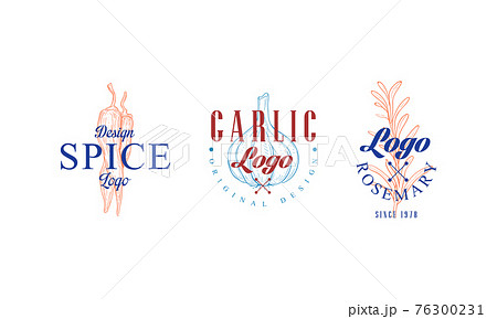 Set of Culinary Spices, Garlic, Rosemary Cooking Ingredients Badges Cartoon Vector Illustration 76300231