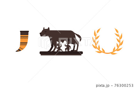 Set of Ancient Rome Empire Symbols, Capitol Wolf, Animal Horn for Wine, Laurel Wreath Flat Vector Illustration Set of Ancient Rome Empire Symbols, Capitol Wolf, Animal Horn for Wine, Laurel Wreath Flat Vector Illustration 76300253