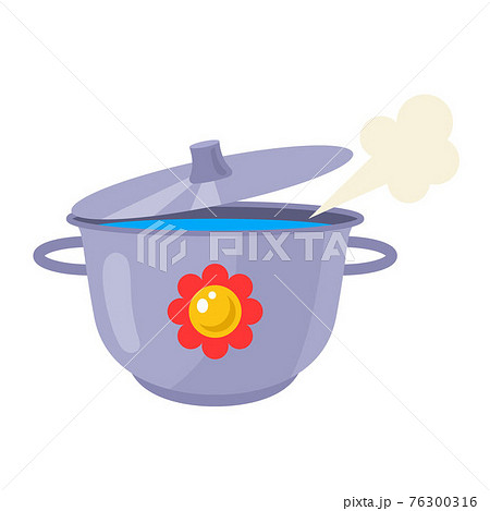 an iron pan with a lid prepares soup on a white background. 76300316