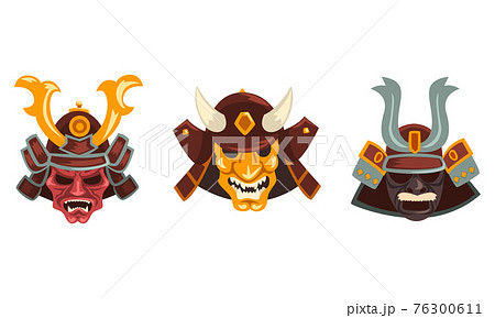 Ancient Warriors Masks Set, Masks with Scary Facial Expression Cartoon Vector Illustration 76300611