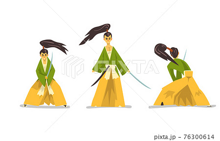 Set of Samurai Japanese Warrior in Traditional Kimono Fighting with Katana Swords Cartoon Vector Illustration 76300614
