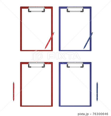 赤と青のクリップボード バインダーとペンのセット 3dcg 事務用品 筆記用具 白背景 背景透過のイラスト素材