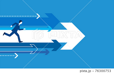 いろいろな矢印と走るビジネスマン、青背景、ベクターイラストレーション 76300753