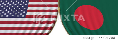 Flags of United States and Bangladesh and closing or opening zipper between them. Political negotiations or interaction conceptual 3D rendering Flags of United States and Bangladesh and closing or opening zipper between them. Political negotiations or interaction conceptual 3D rendering 76301208
